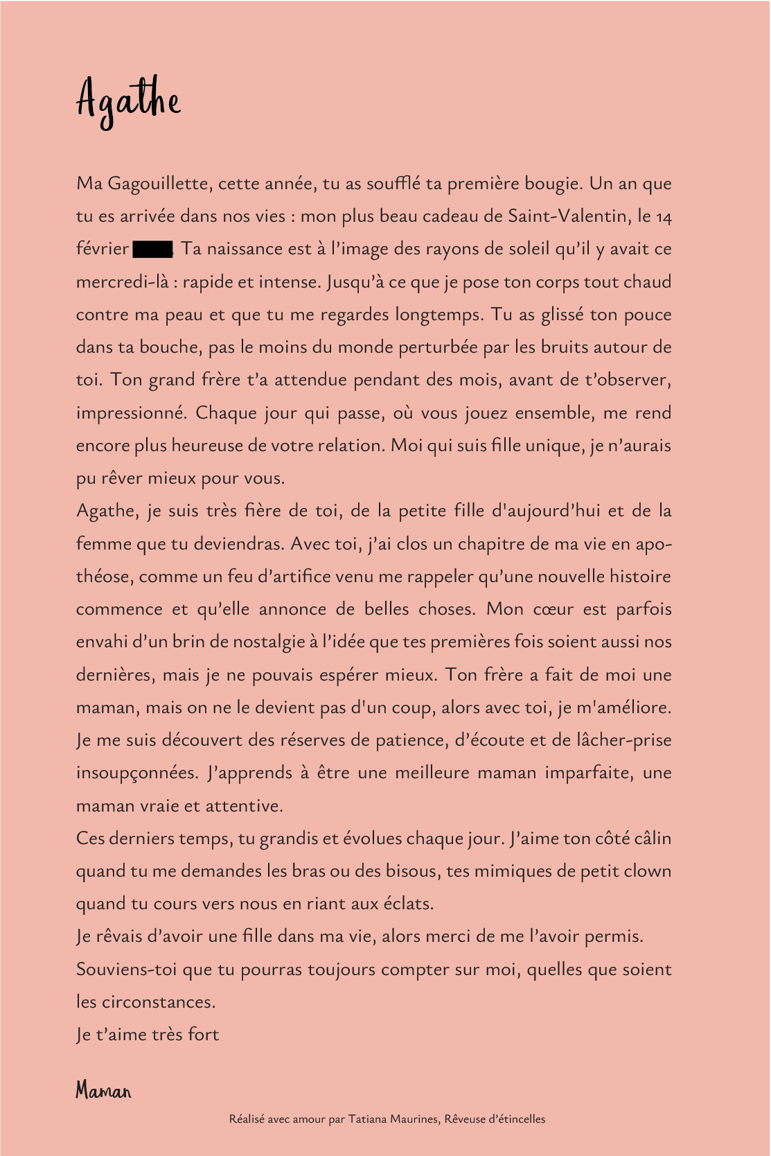 Rêveuse d'étincelles - Tatiana MAURINES - Message de naissance pour bébé. Extrait d'une lettre de naissance.