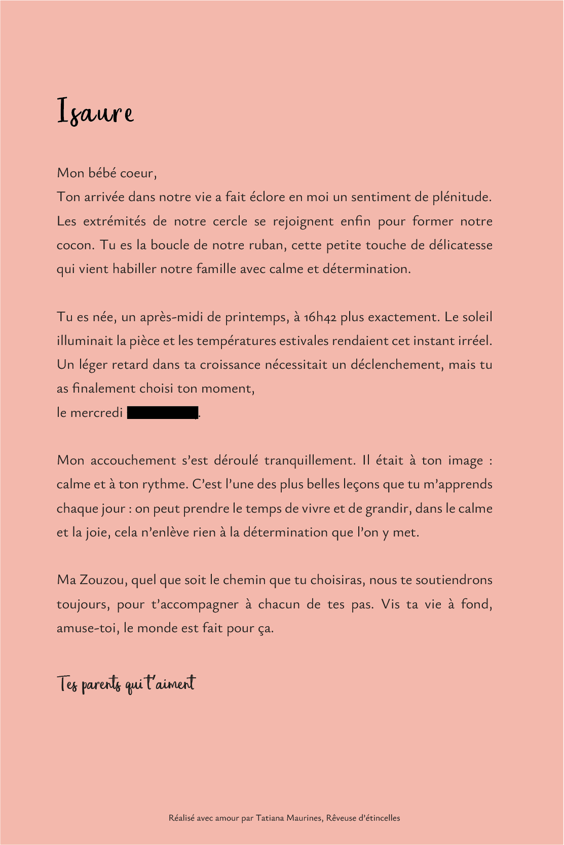 Rêveuse d'étincelles - Tatiana MAURINES - Message de naissance pour bébé. Extrait d'une lettre de naissance.